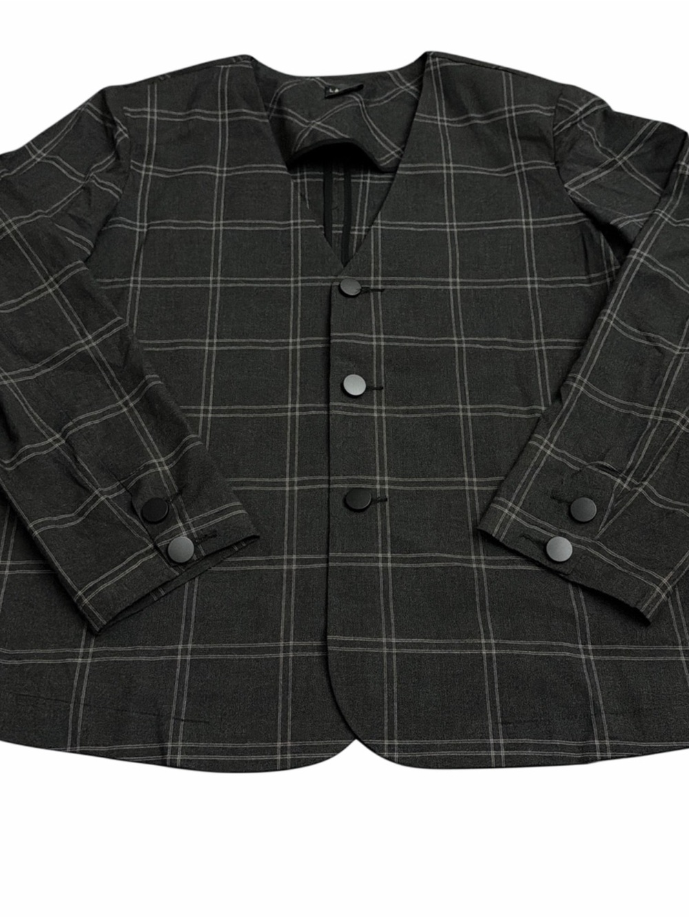 La Sol Gray and Black Windowpane Checkered Collarless Jacket S Matte Buttons